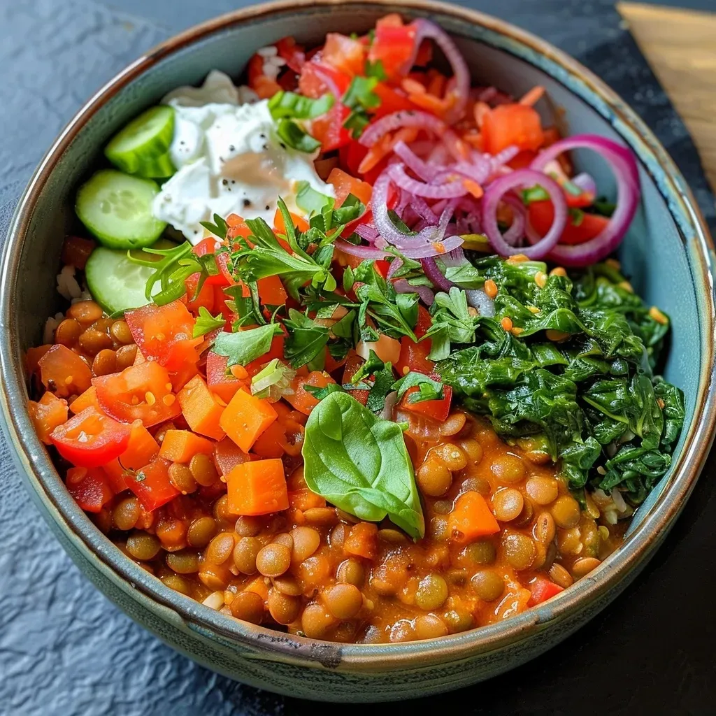 A vibrant Buddha bowl filled with red lentil dal, basmati rice, and colorful vegetables.