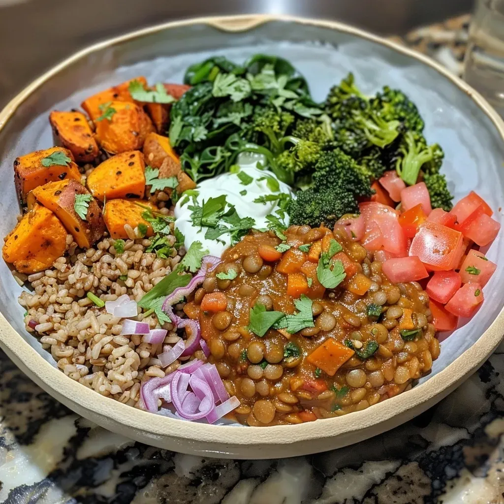Close-up view of a delicious Buddha bowl featuring red lentils, spinach, and topped with yogurt and fresh cilantro.