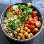 A close-up side view of a vibrant Buddha Bowl filled with Mediterranean ingredients.