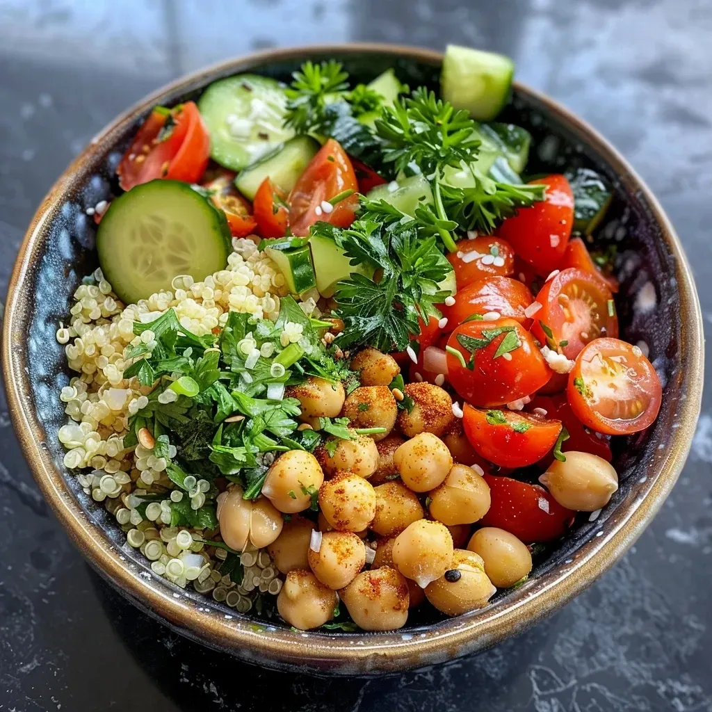 A close-up side view of a vibrant Buddha Bowl filled with Mediterranean ingredients.