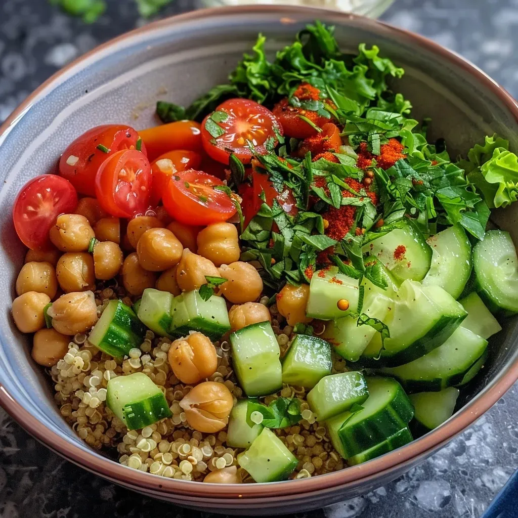 Juicy Buddha Bowl featuring colorful vegetables and creamy hummus, captured from the side.