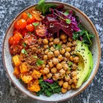 Close-up of a colorful Buddha bowl featuring quinoa, roasted vegetables, and avocado.