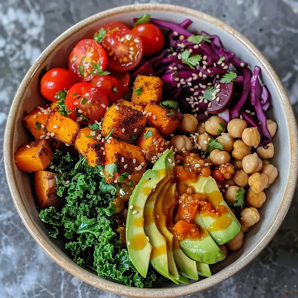 Side view of a quinoa Buddha bowl displaying vibrant sweet potatoes, zucchini, and broccoli.