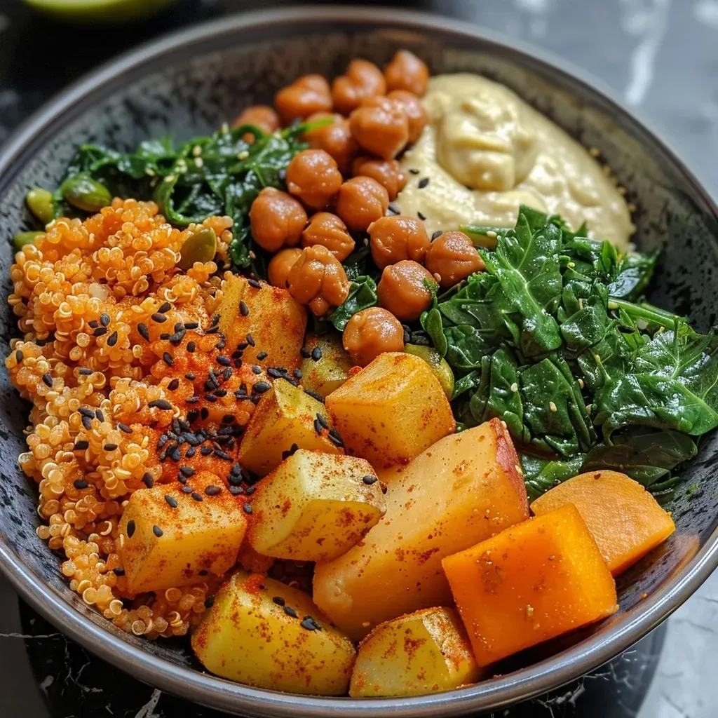 Side view of a Buddha bowl with sweet potatoes, chickpeas, and an avocado on top.