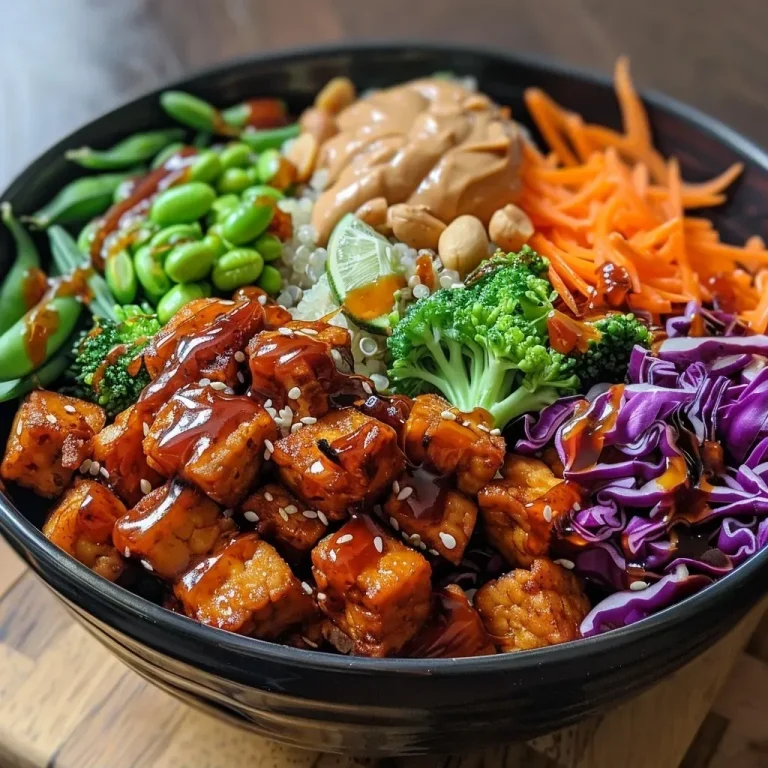 Un Buddha Bowl réconfortant et équilibré pour vos dîners A close-up side view of a Buddha bowl filled with tempeh, quinoa, and colorful vegetables.
