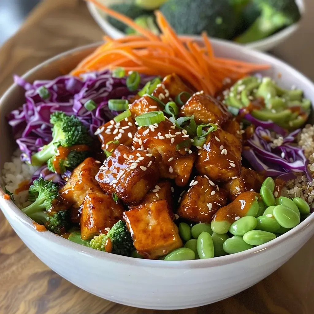 A vibrant Buddha bowl showcasing tempeh, edamame, green beans, and shredded cabbage.