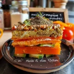 Close-up side view of a vibrant vegetable cake with a golden crust and colorful veggies visible.