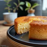 Close-up view of a moist gluten-free cake salé with a golden crust and visible ingredients.