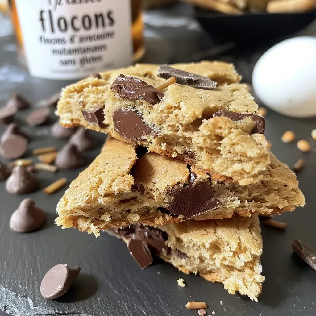 Side view of a stack of gluten-free cookies with melted dark chocolate chips glistening.