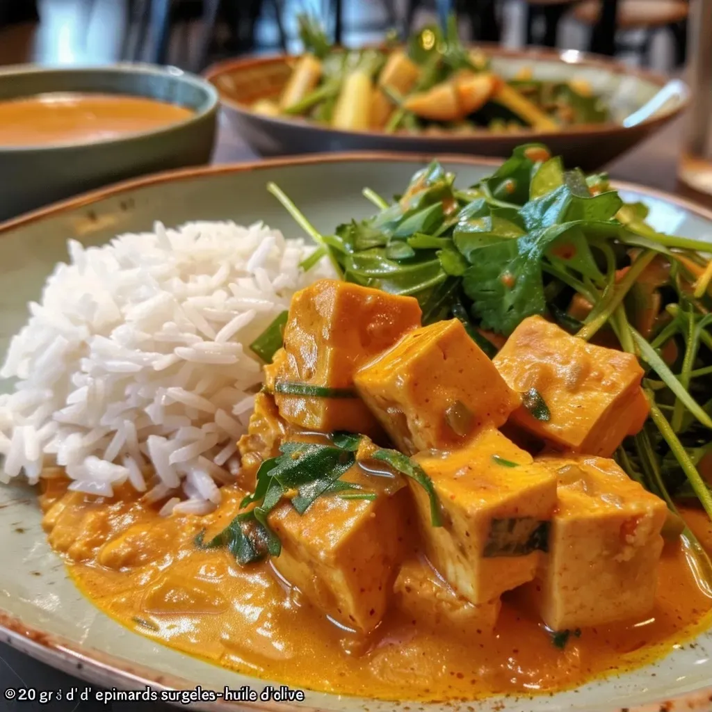 Close-up view of a bowl of tofu curry with spinach and rice.