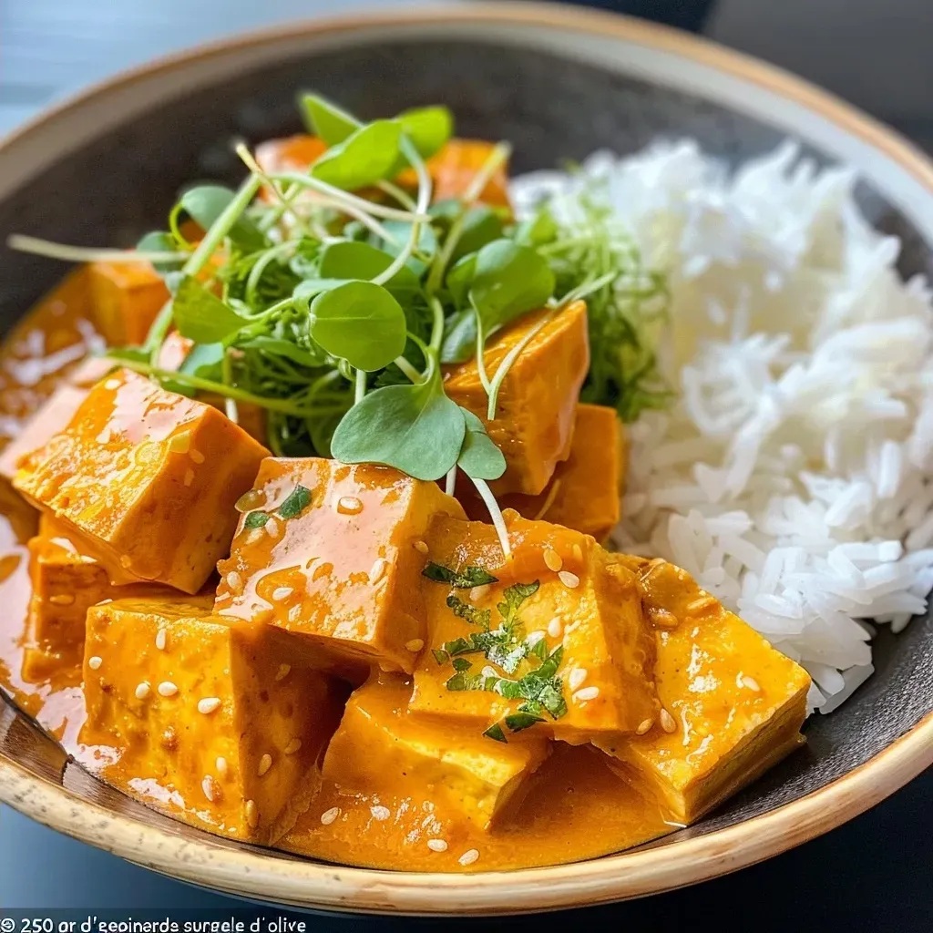 Juicy tofu curry with vibrant green spinach, served with rice.