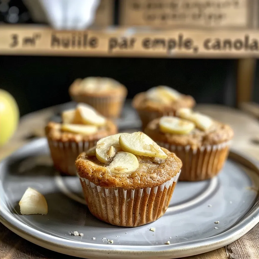 Side view of golden-brown mini muffins topped with bits of walnut and apple.