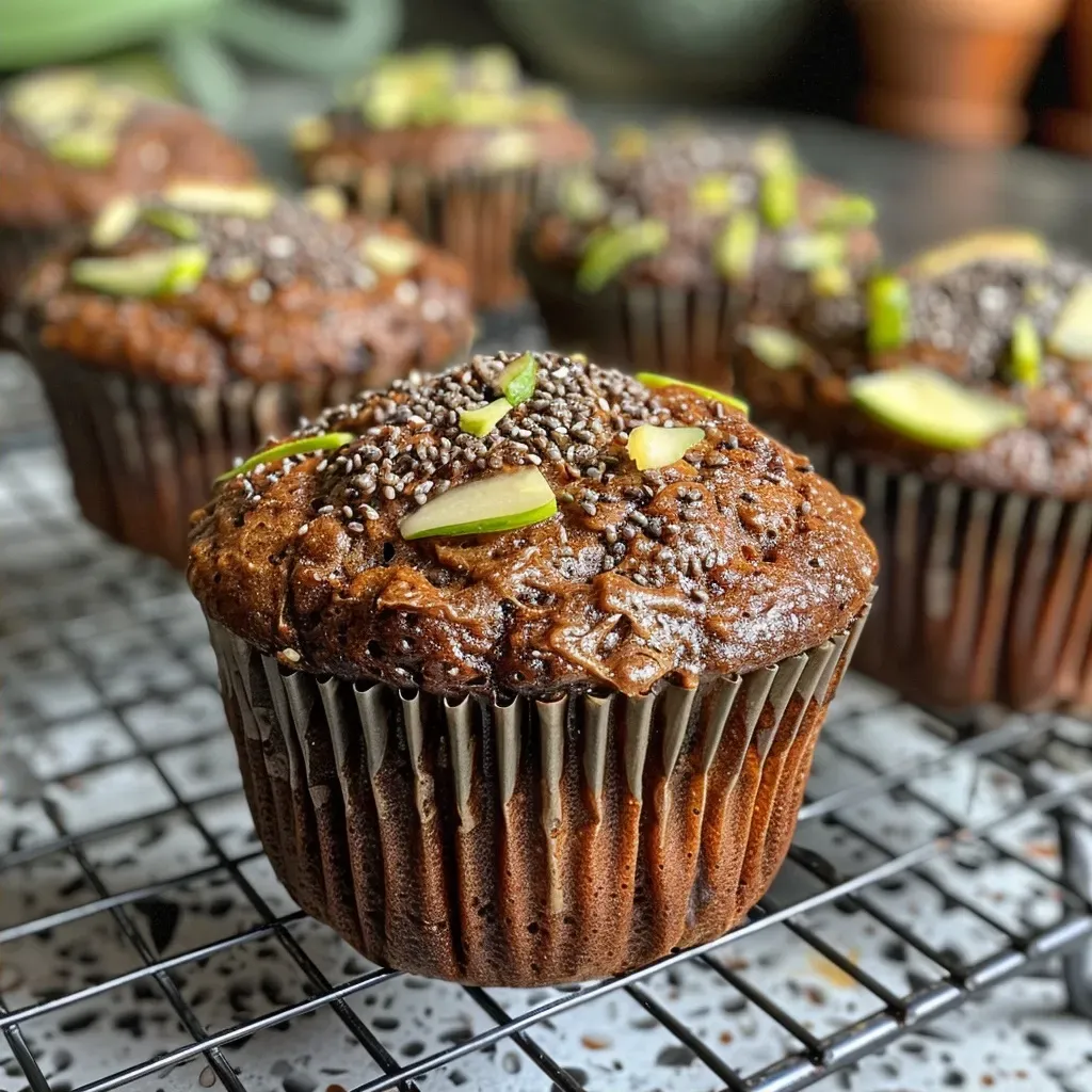 A close-up image of a delicious chocolate courgette muffin, with visible chocolate chips and a rich, dark color.