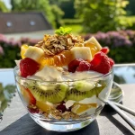 Close-up view of a colorful fruit parfait featuring fresh strawberries, blueberries, kiwi, and banana layers.