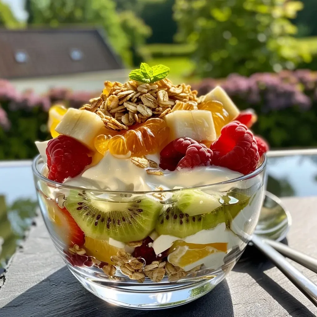 Close-up view of a colorful fruit parfait featuring fresh strawberries, blueberries, kiwi, and banana layers.