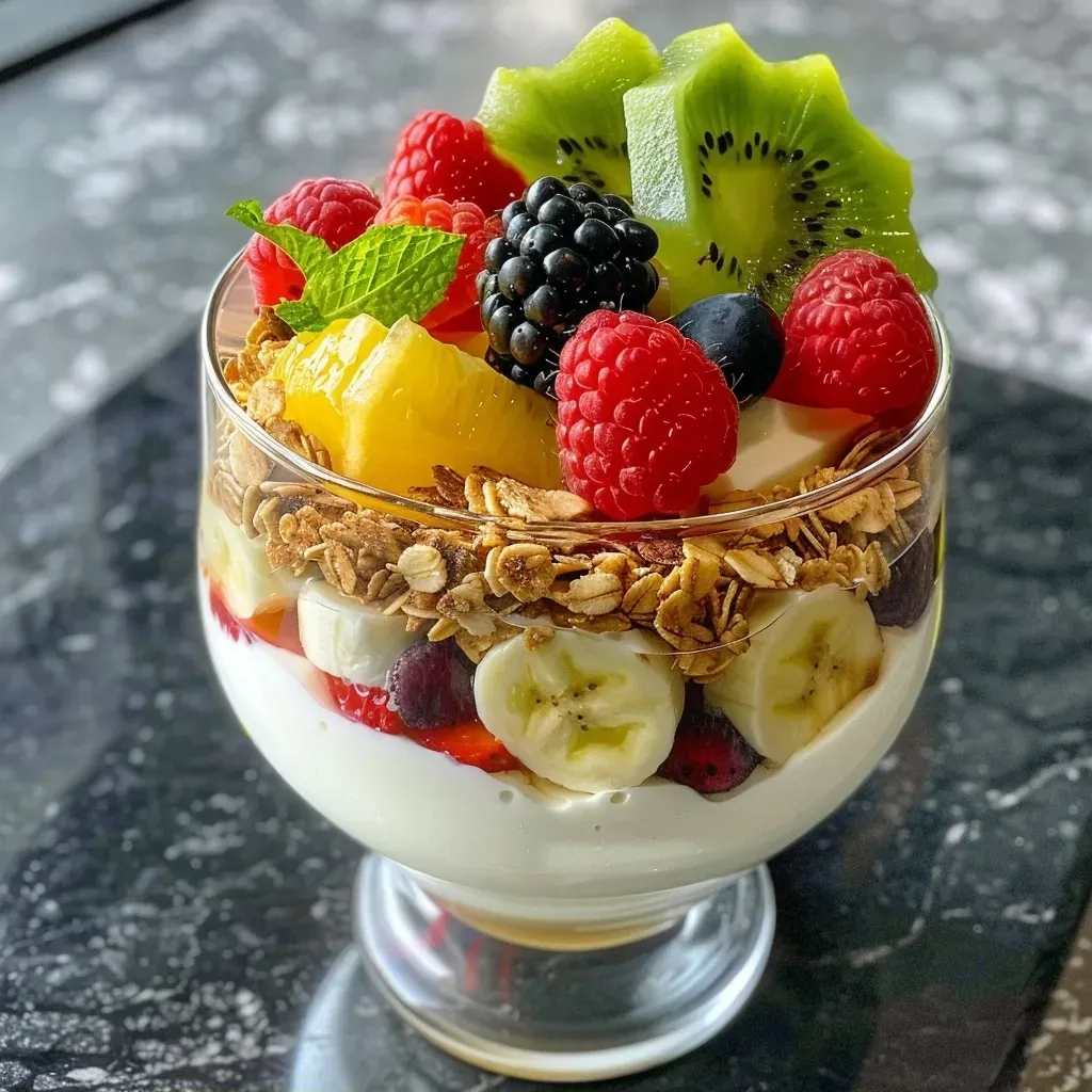 Side view of a creamy parfait made with skyr, topped with granola and mint leaves.