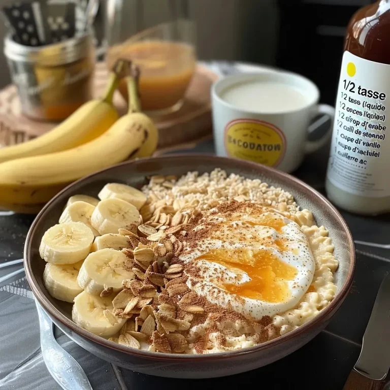 Close-up view of a protein-rich breakfast bowl featuring yogurt, banana slices, and peanut butter.