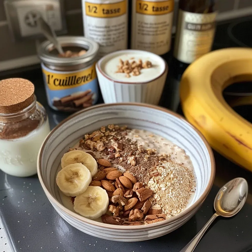 Side view of a nutritious breakfast bowl with oats, protein powder, and maple syrup.