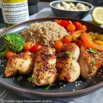 Close-up of grilled chicken breast and quinoa bowl with avocado sauce.