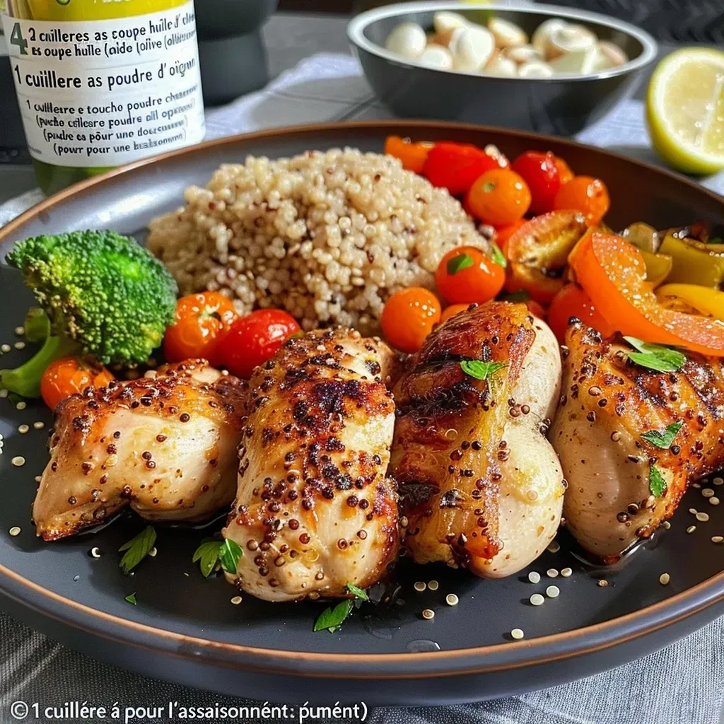 Close-up of grilled chicken breast and quinoa bowl with avocado sauce.