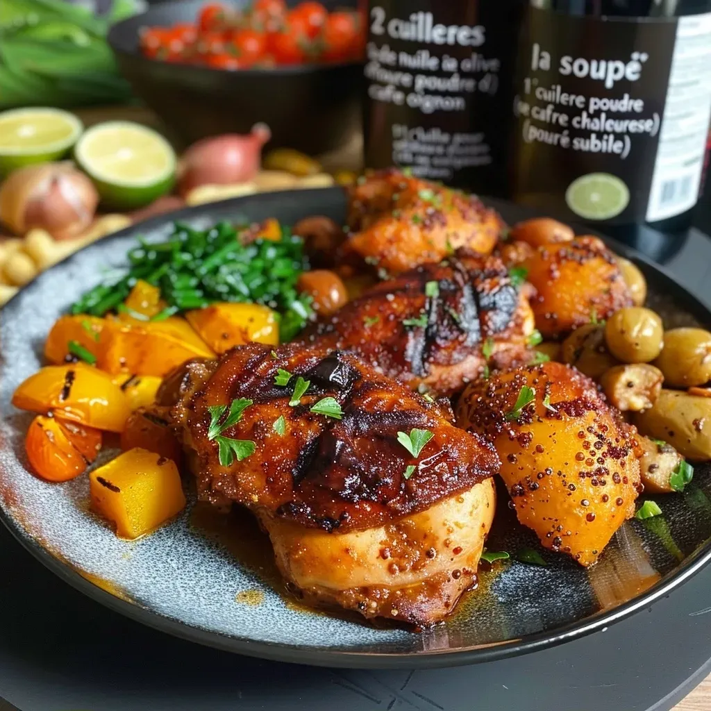Side view of a colorful quinoa dish topped with grilled chicken and creamy sauce.