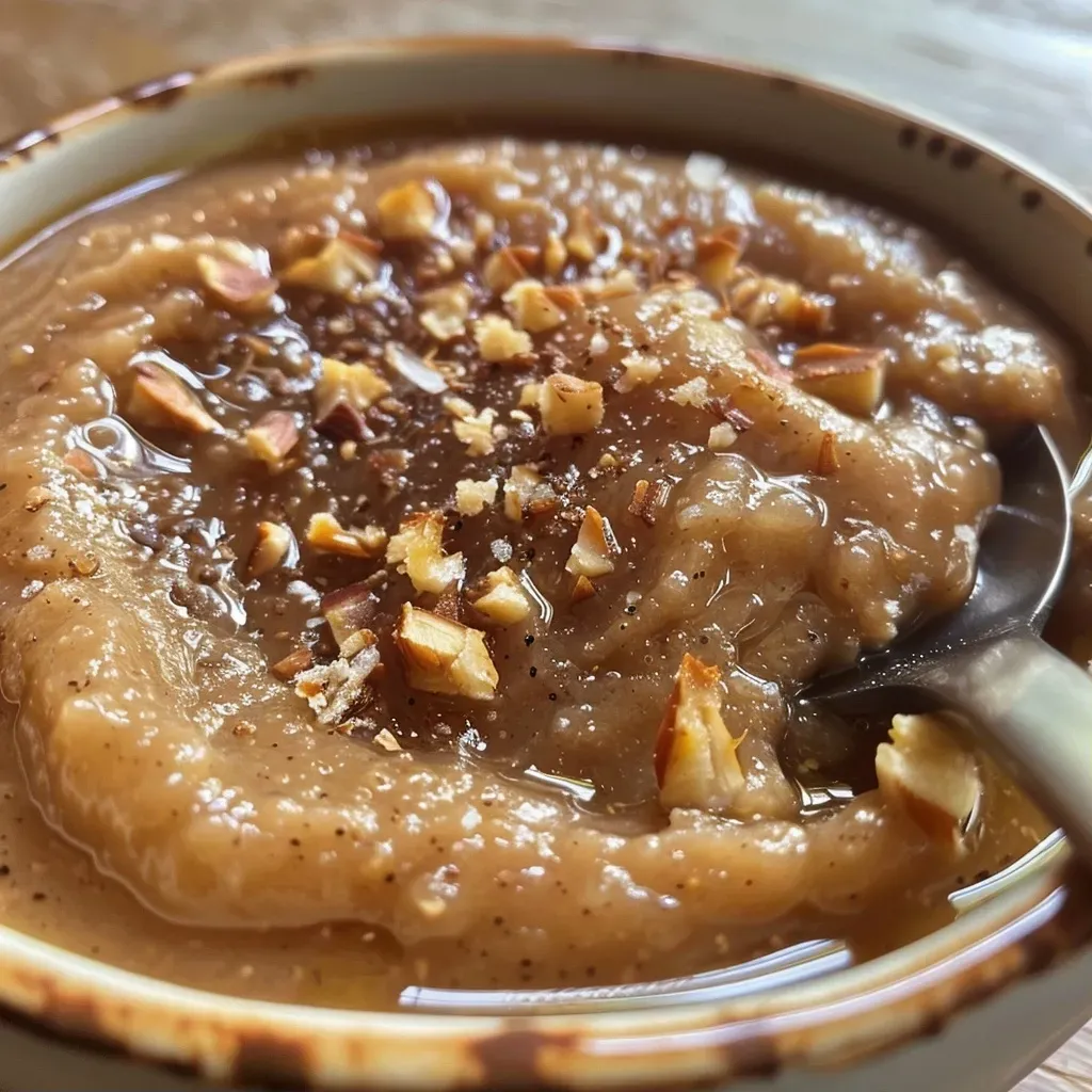 Close-up view of homemade hazelnut purée in a bowl with a spoon.
