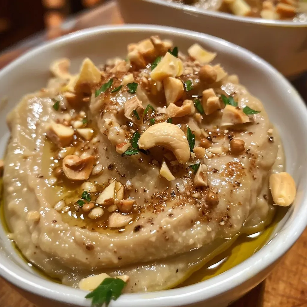 Side view of creamy hazelnut purée in a rustic setting.