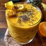 Close-up side view of a vibrant yellow Ananas Curcuma smoothie in a glass.
