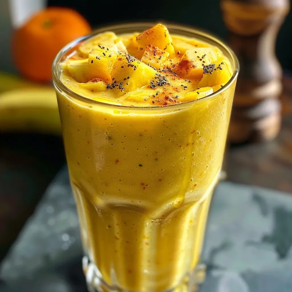 A refreshing smoothie made with pineapple and turmeric, captured from the side.