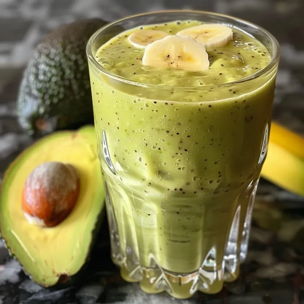 Refreshing green smoothie made with avocado and banana, garnished with a slice of banana.