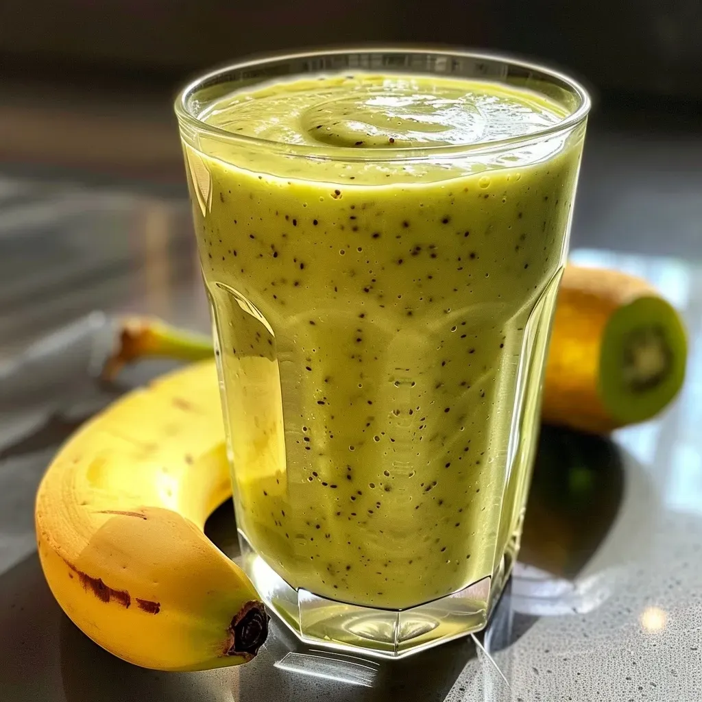 Vivid photo of a smoothie made with bananas and avocado, viewed from the side.