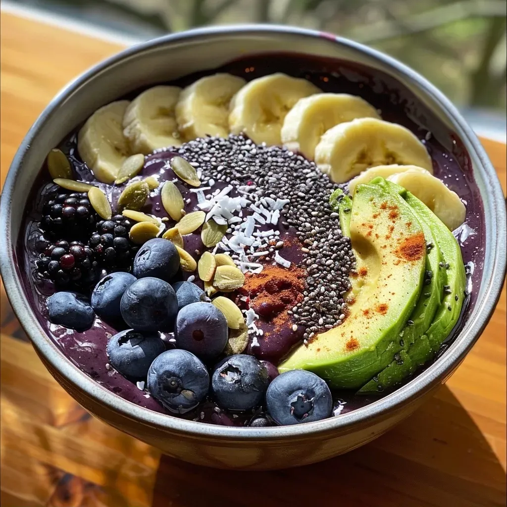 Close-up of a colorful smoothie bowl featuring acai, banana, and assorted toppings.