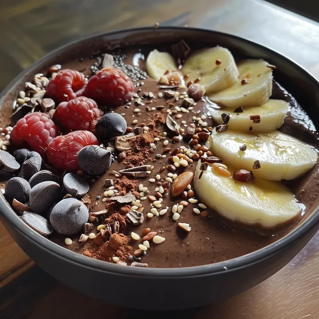 Side view of a vibrant smoothie bowl featuring cacao and banana topped with seeds.