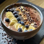 Close-up of a chocolate banana smoothie bowl topped with granola, berries, and coconut.