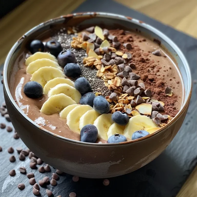 Close-up of a chocolate banana smoothie bowl topped with granola, berries, and coconut.