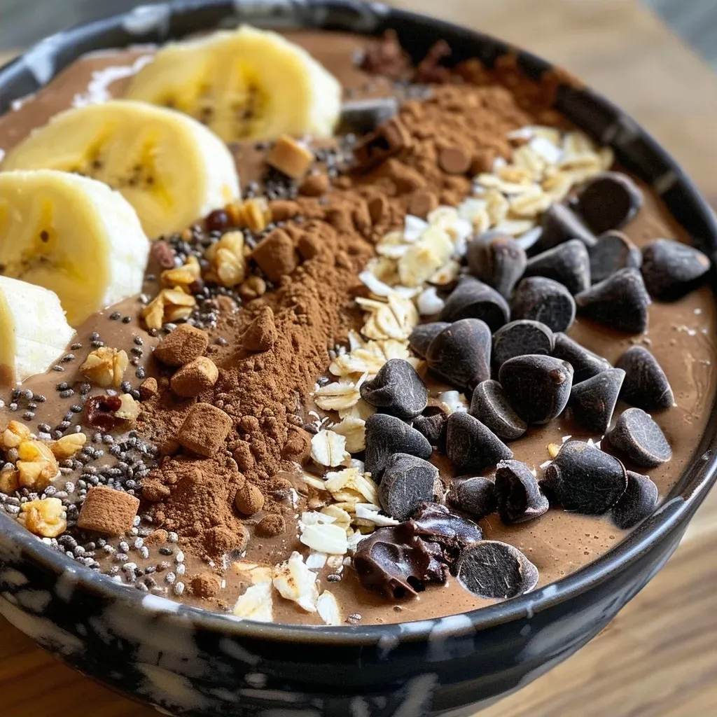 Side view of a smoothie bowl filled with chocolate and banana, garnished with chia seeds and almond butter.