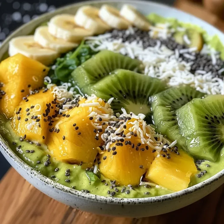 Close-up view of a vibrant kiwi smoothie bowl topped with various colorful ingredients.