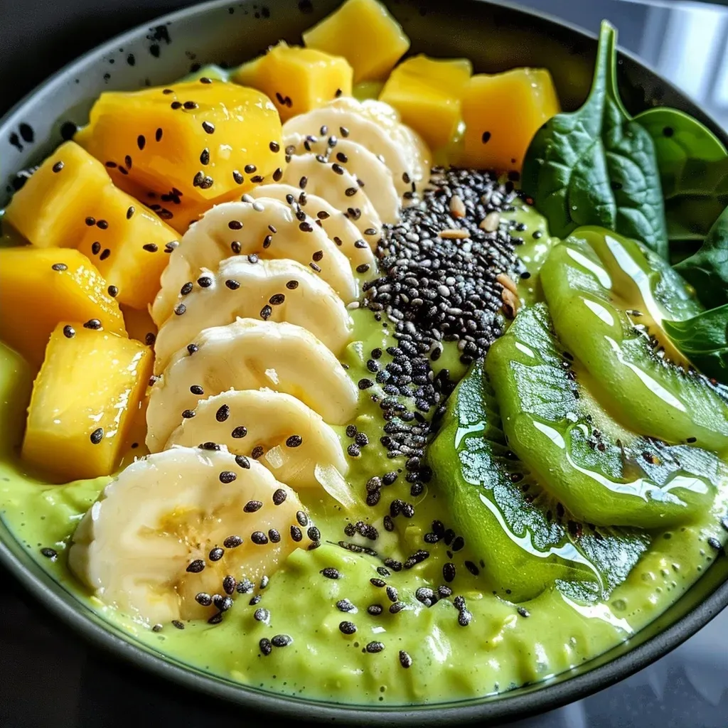 Side view of a refreshing smoothie bowl filled with green kiwi and garnished with fruit.
