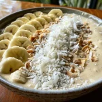 Close-up view of a coconut smoothie bowl topped with shredded coconut.