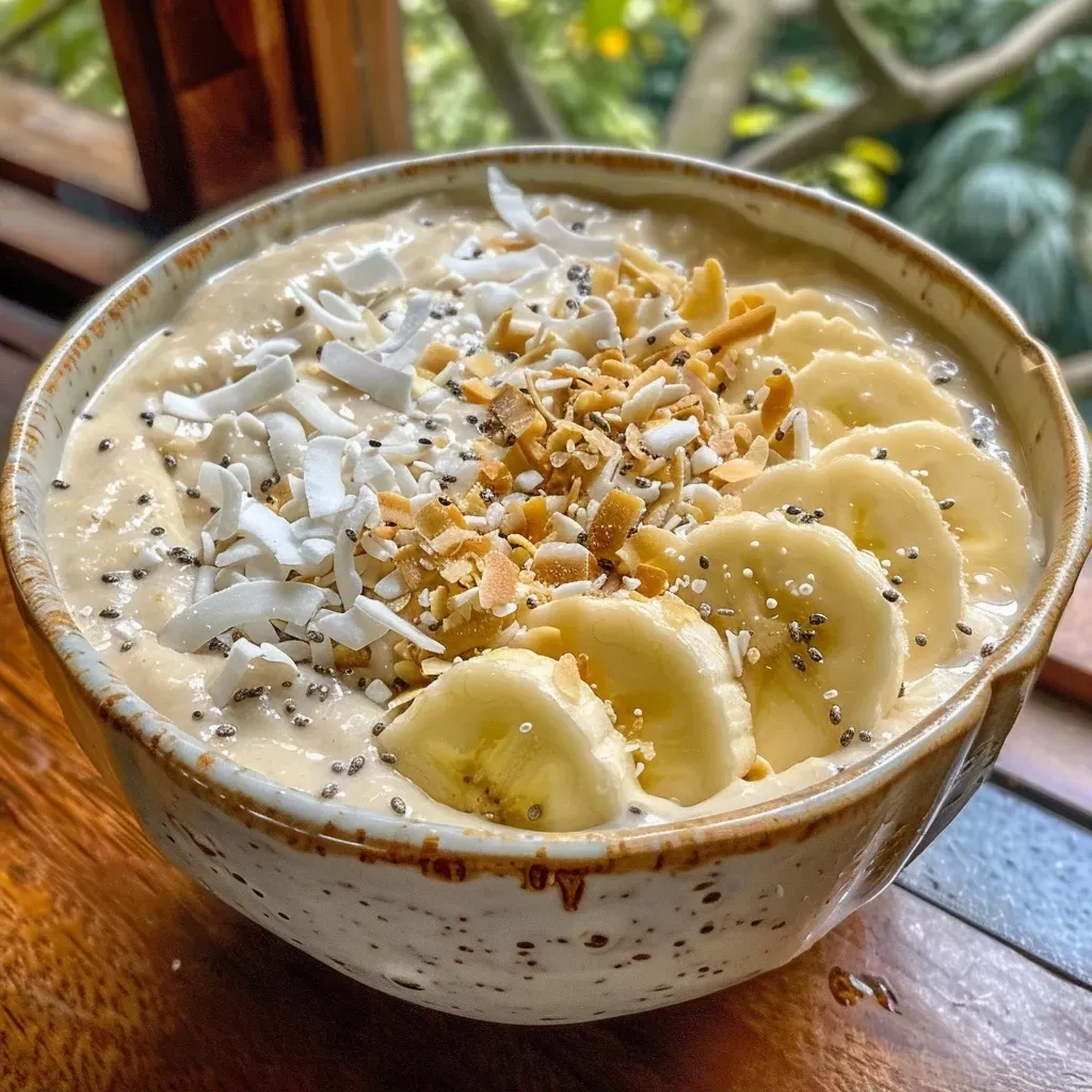 Side view of a vibrant coconut smoothie bowl with fruit and coconut flakes.