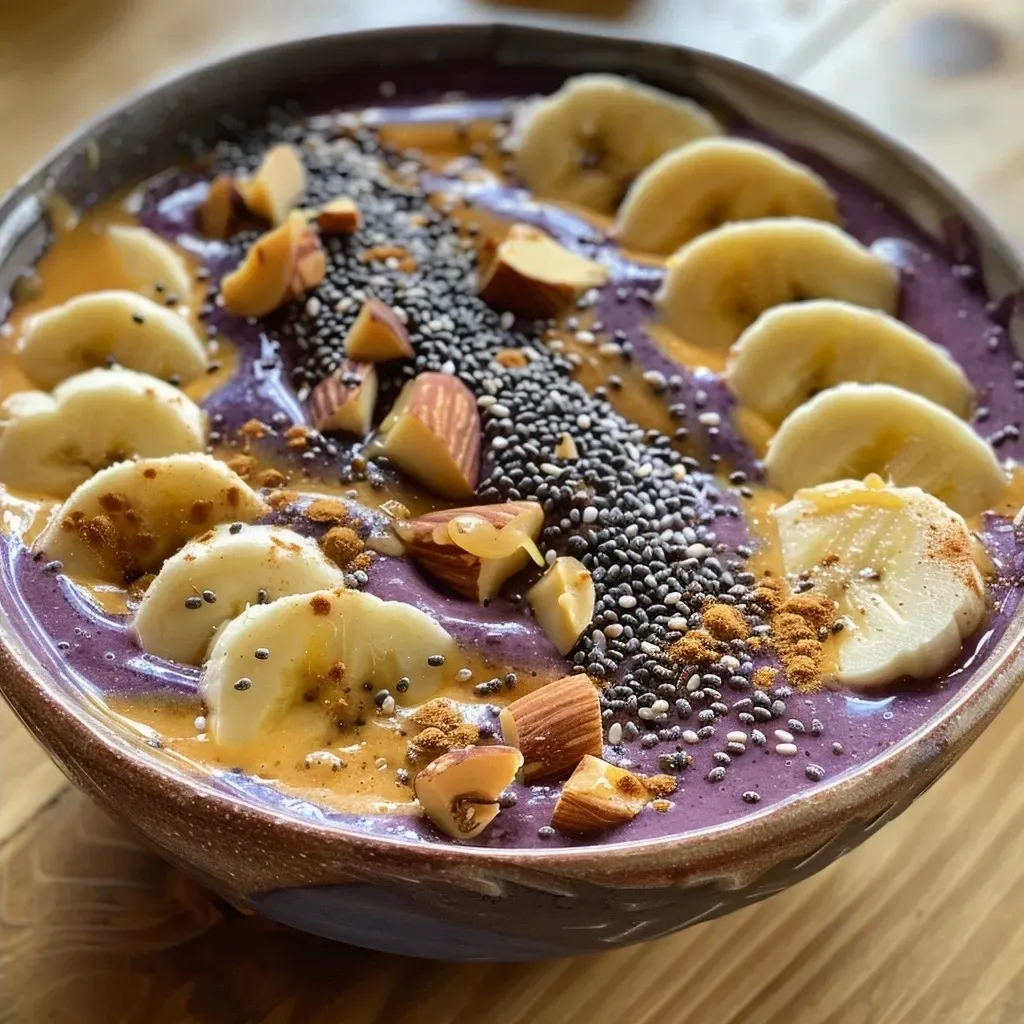 Side view of a colorful acai smoothie bowl filled with berries, banana slices, and granola.
