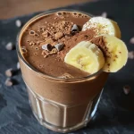 Close-up of a creamy chocolate banana smoothie in a glass.