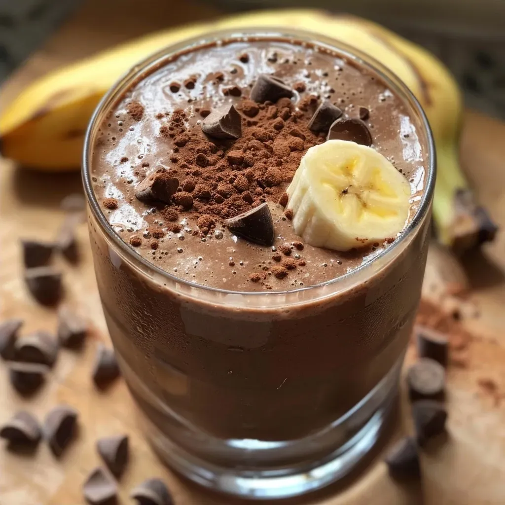 Side view of a thick, delicious chocolate banana smoothie with a straw.