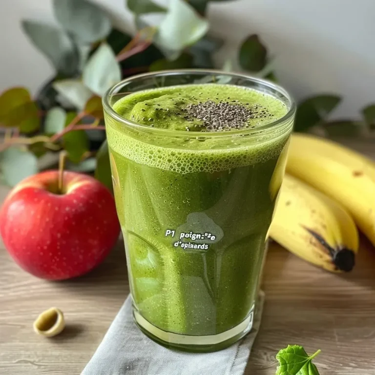 Close-up view of a green smoothie with spinach and apple, served in a clear glass.