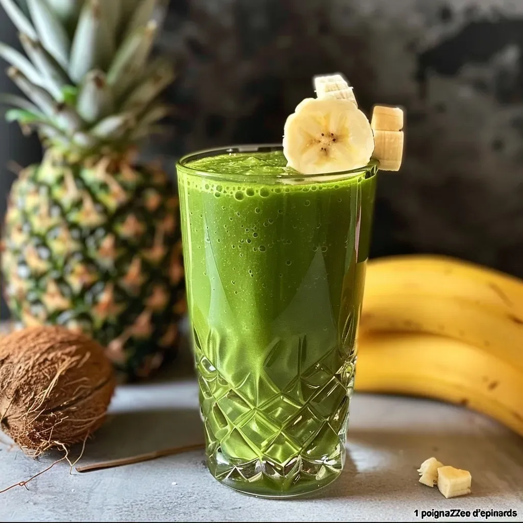 Side view of a vibrant green smoothie featuring spinach and apple, with a thick texture.