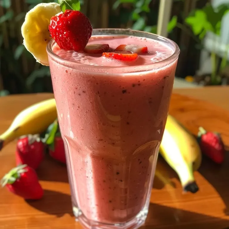 Mon smoothie fraise banane, douceur et équilibre au quotidien Close-up view of a refreshing strawberry banana smoothie in a glass.