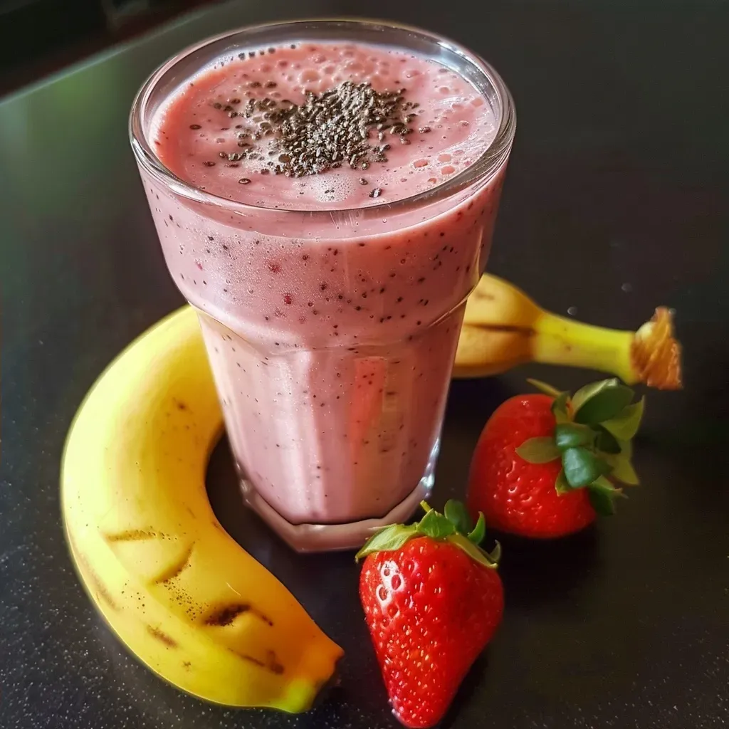 Side profile of a luscious smoothie made with strawberries and bananas.