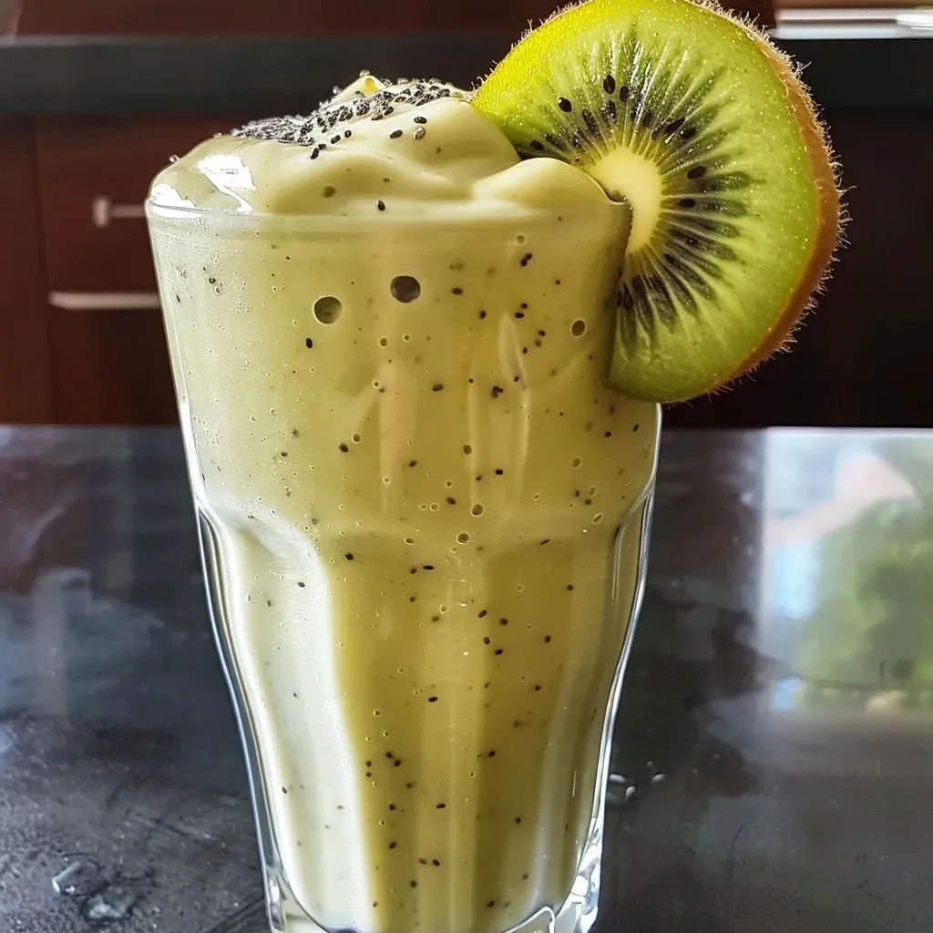 Close-up view of a creamy kiwi smoothie in a glass, featuring vibrant green color and pieces of kiwi on top.