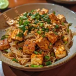 Close-up view of a colorful tofu Pad Thai bowl topped with peanuts and lime wedges.