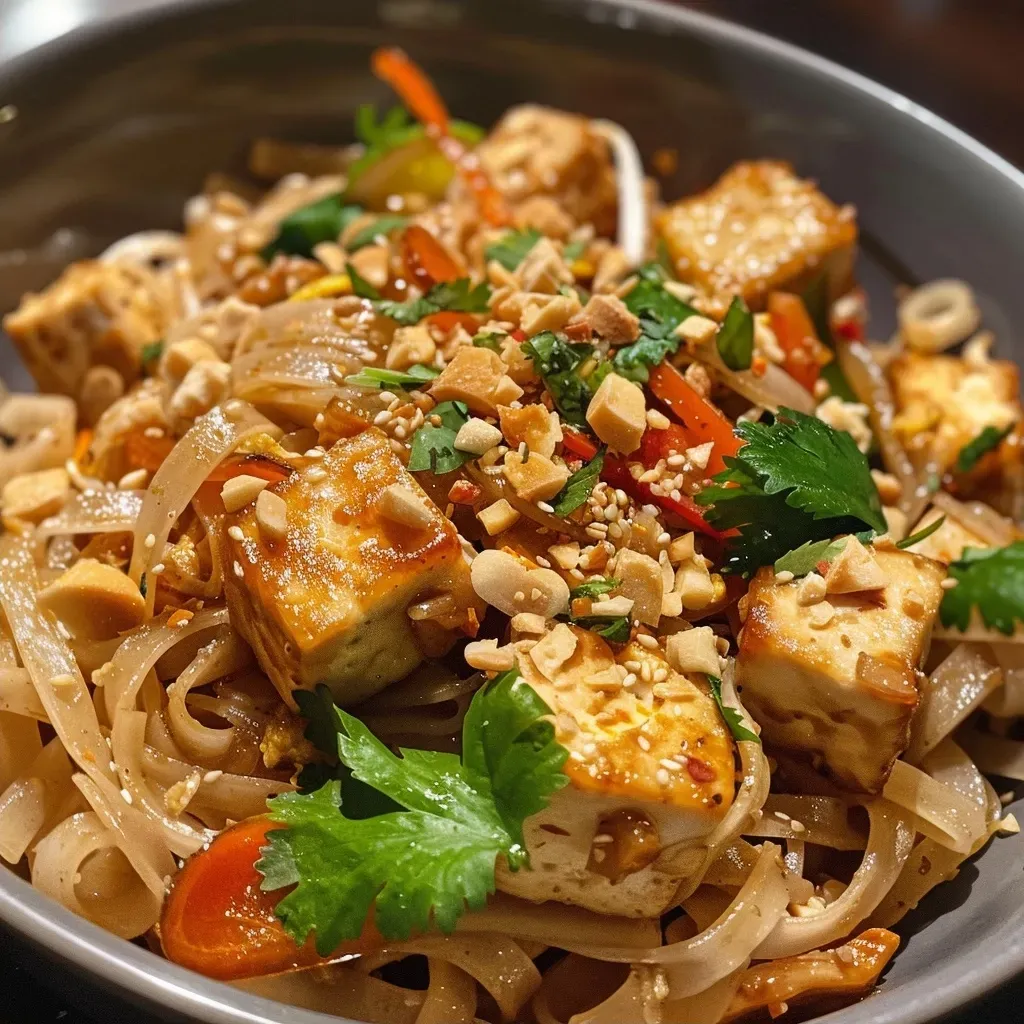 Side angle of a delicious tofu Pad Thai bowl garnished with fresh herbs and vegetables.